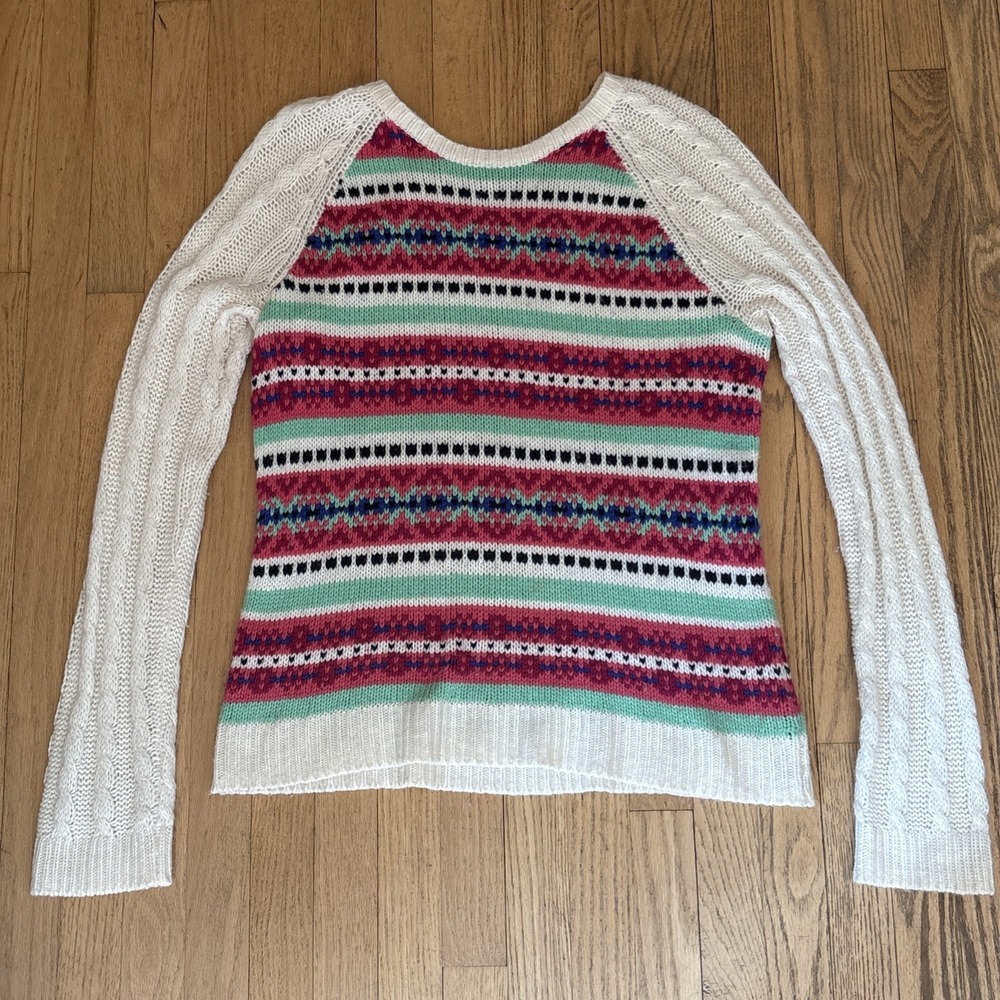 Talbots Womens Knit Crochet Sweater Large Multi‎ Color Long Sleeve Colorful Wool